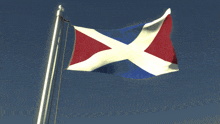 a red white and blue flag is waving in the wind against a blue sky