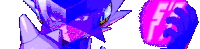 a purple cartoon character with a pink lightning bolt behind him