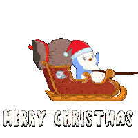 a penguin in a santa hat is pulling a sleigh with the words merry christmas above it