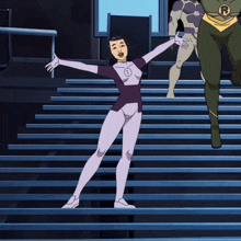 a cartoon character with the letter r on his chest is standing on stairs