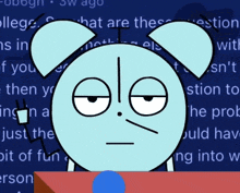 a cartoon character with a serious look on his face stands in front of a blue background that says " what are these "