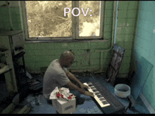 a man is playing a keyboard in a room with the word pov written above him