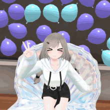 a girl giving a peace sign while sitting on a chair surrounded by balloons