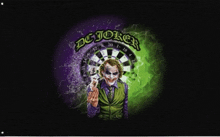 a poster of the joker holding a pair of playing cards in front of a dart board
