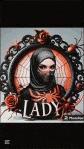 a picture of a lady with spiders around her