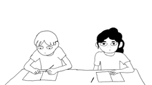 a black and white drawing of a boy and a girl sitting at a table with papers .