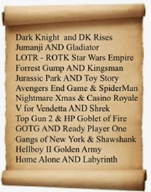 a list of movies on a scroll includes dark knight and dk rises