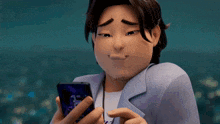 a cartoon character is looking at a cell phone with the number 3 on it