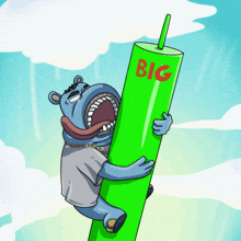 a cartoon of a hippo holding a green tube that says big on it