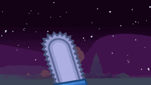 a blue chainsaw is against a purple sky with stars