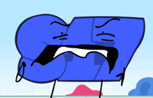 a cartoon drawing of a blue object with a mouth