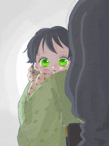 a drawing of a person holding a child with green eyes