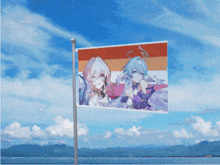 a flag with a picture of two anime girls on it is flying in the wind