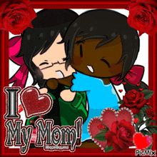 a picture of a girl kissing another girl with the words " i love my mom "