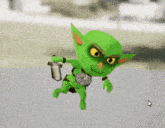 a green cartoon character is holding a fish and a sword .