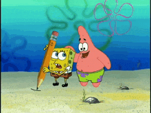 spongebob and patrick from spongebob squarepants holding a large pencil