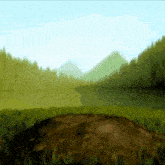 a painting of a grassy field with trees in the background