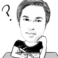 a black and white drawing of a man sitting at a table with a question mark above his head