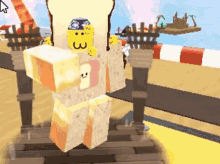 a cartoon character dressed as a loaf of bread is walking on a wooden bridge .