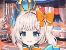 a girl with white hair and blue eyes wearing a blue crown