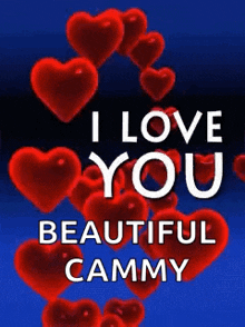 a poster that says `` i love you beautiful cammy '' with red hearts on a blue background