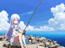 a girl with white hair is holding a fishing rod in front of the ocean