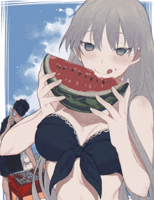 a girl in a bikini is eating a watermelon