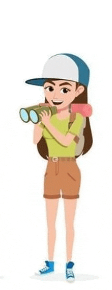 a cartoon illustration of a woman holding binoculars and a backpack .