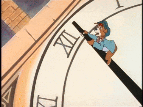 Oliver swings around on a clock hand and crashes into the cats