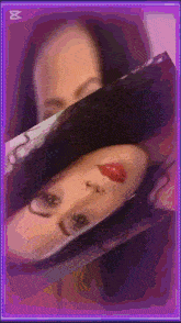 a picture of a woman 's face with a purple border