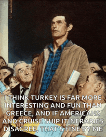 a painting of a man standing in front of a crowd of people