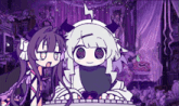 two anime girls are sitting next to each other in a room with purple walls