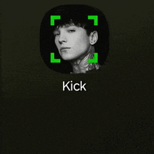 a black and white photo of a man with the name kick