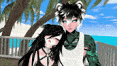 a couple of anime characters standing next to each other on a balcony