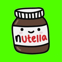 a cartoon drawing of a jar of nutella with a face on a green background .