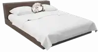 a bed with white sheets and pillows has a drawing of a girl on it