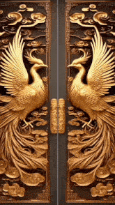a pair of doors with a sculpture of two birds on them