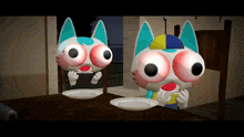 two cartoon cats are sitting at a table eating plates of food