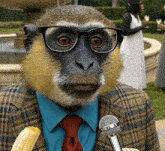 a monkey wearing glasses and a tie holds a microphone