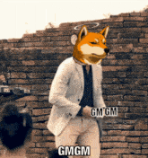 a man in a suit has a dog on his head and the words gmgm on the bottom right