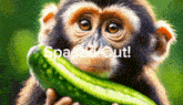 a monkey is holding a green cucumber in its mouth with the words spaced out written above it