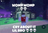 a roblox character is standing in front of a haunted house with skulls on the roof .
