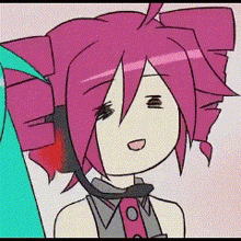 a cartoon of a girl with pink hair and a microphone .