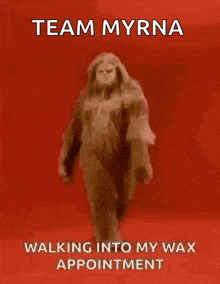 a picture of a bigfoot with the words team myrna walking into my wax appointment on it