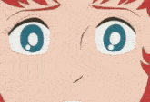 a close up of a cartoon character 's face with blue eyes and a smile .