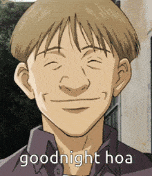 a man in a purple shirt is smiling with the words goodnight hoa written below him
