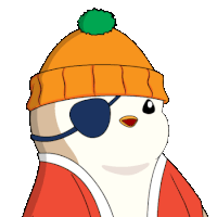 a cartoon penguin wearing an orange beanie and a red jacket