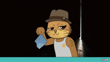 a cartoon cat wearing a hat and a tank top with the letter b on it is holding a bag