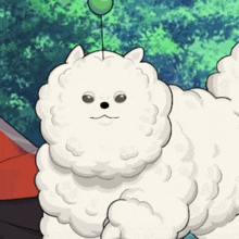 a cartoon drawing of a fluffy white dog with a green balloon on its head