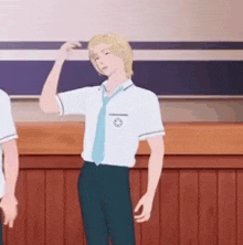 a cartoon of a boy in a school uniform and tie standing in a classroom .